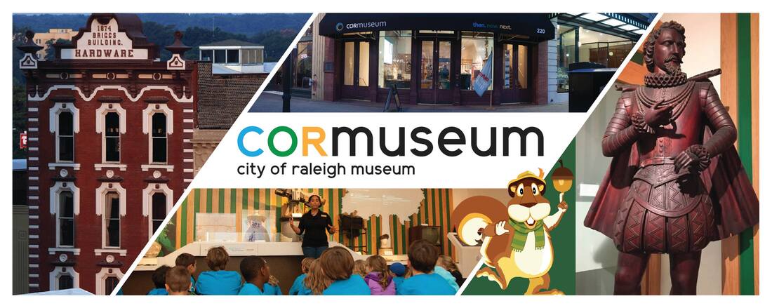 Picture of the COR Museum logo with Sir Walter Raleigh statue and image of the Briggs Hardware building